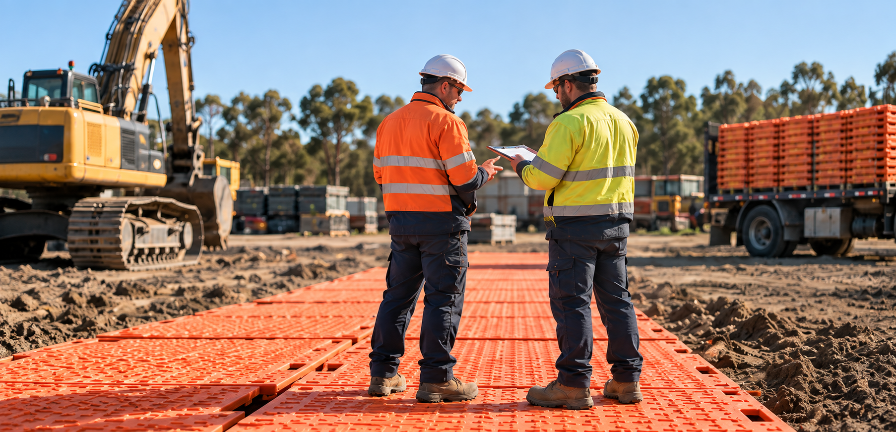 Illustrative site scene with workers and orange ground mats